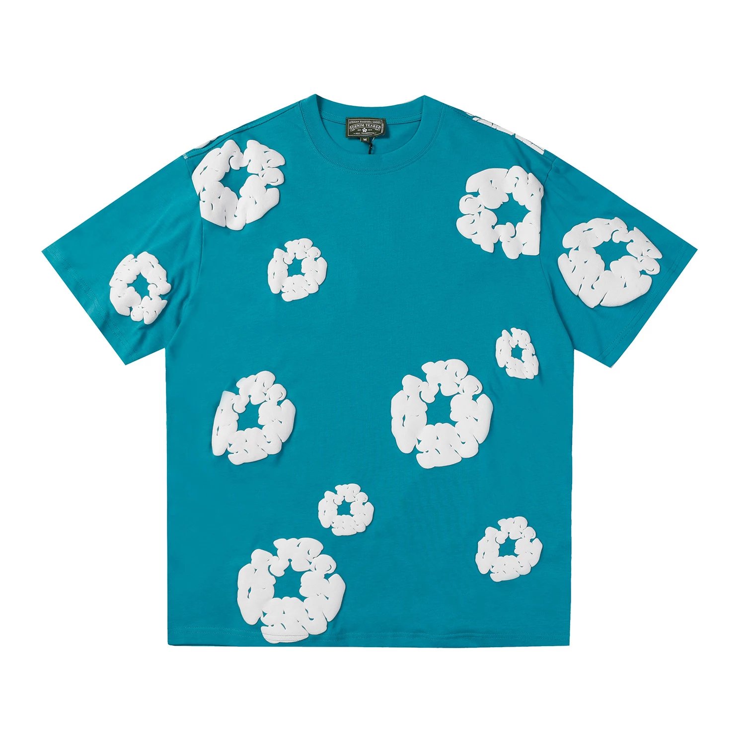 - Kakobuy DENIM TEARS Foam Print High Street Short Sleeve Lake Blue