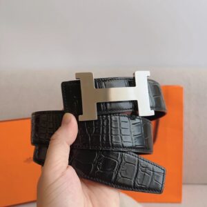 Hermes Black Crocodile-Patterned H-Buckle Men's Belt