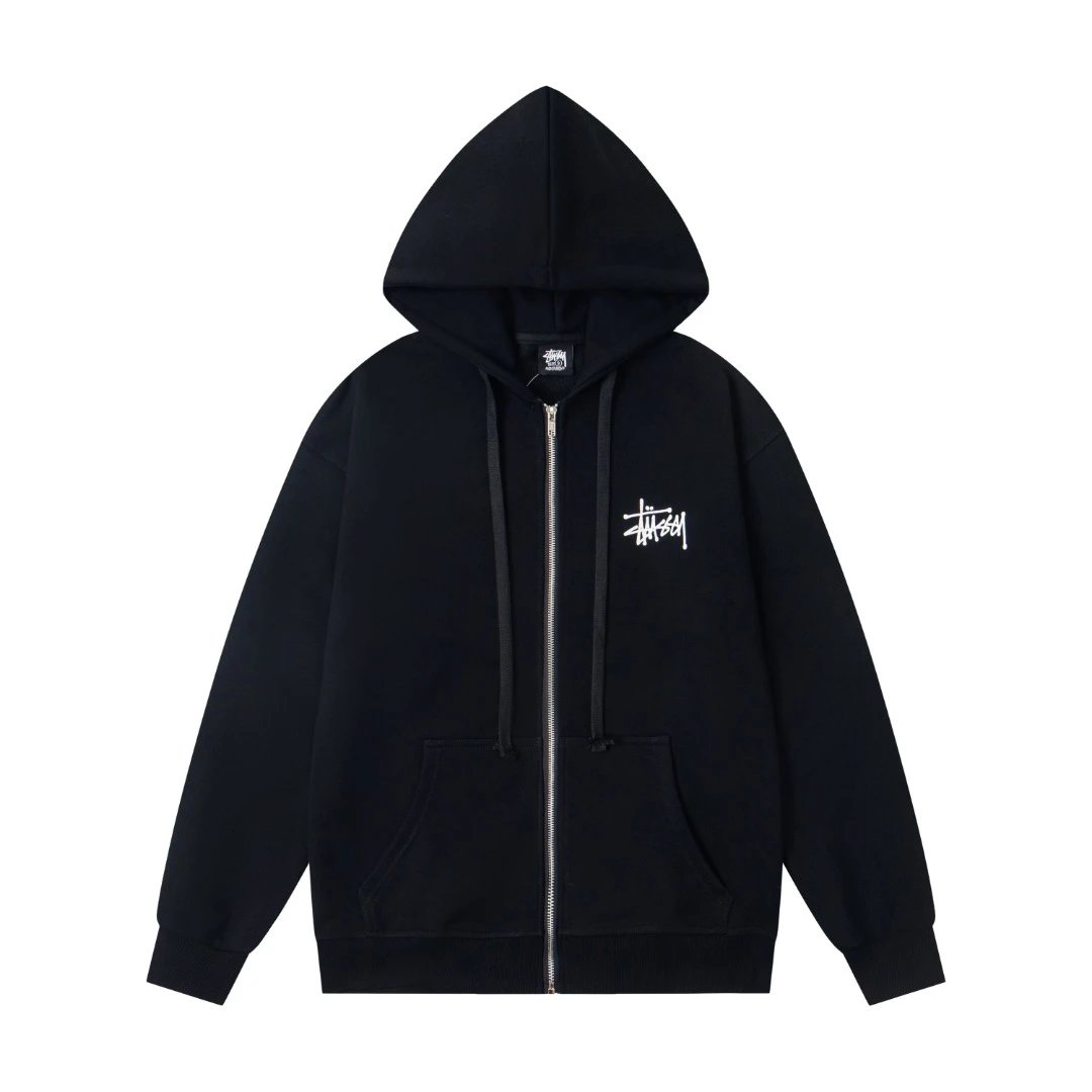 - Stussy Classic Logo Print Zippered Hooded Sweatshirt - Basic Zip Hood