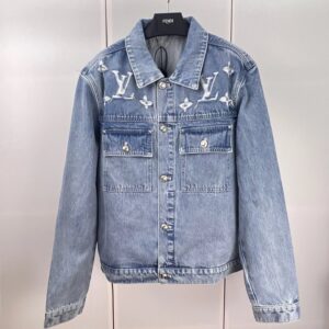 Louis Vuitton Monogram Denim Jacket with Distressed Wash and Holes