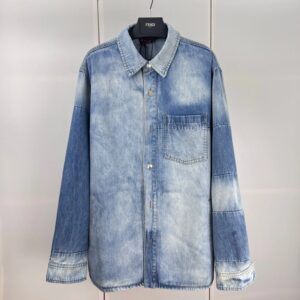 Gucci Washed Denim Shirt Jacket with Embossed Letter Pockets