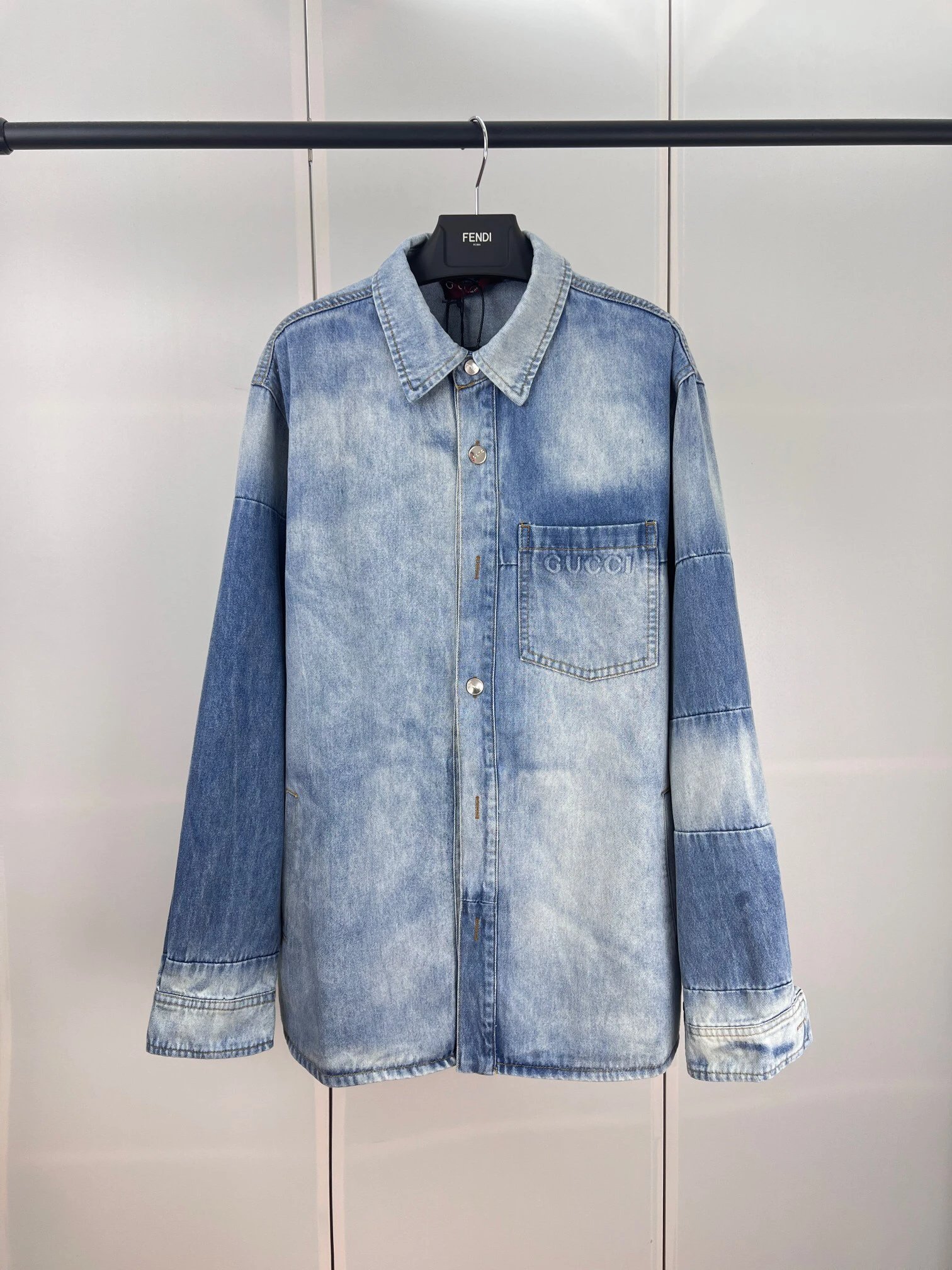 - Gucci Washed Denim Shirt Jacket with Embossed Letter Pockets