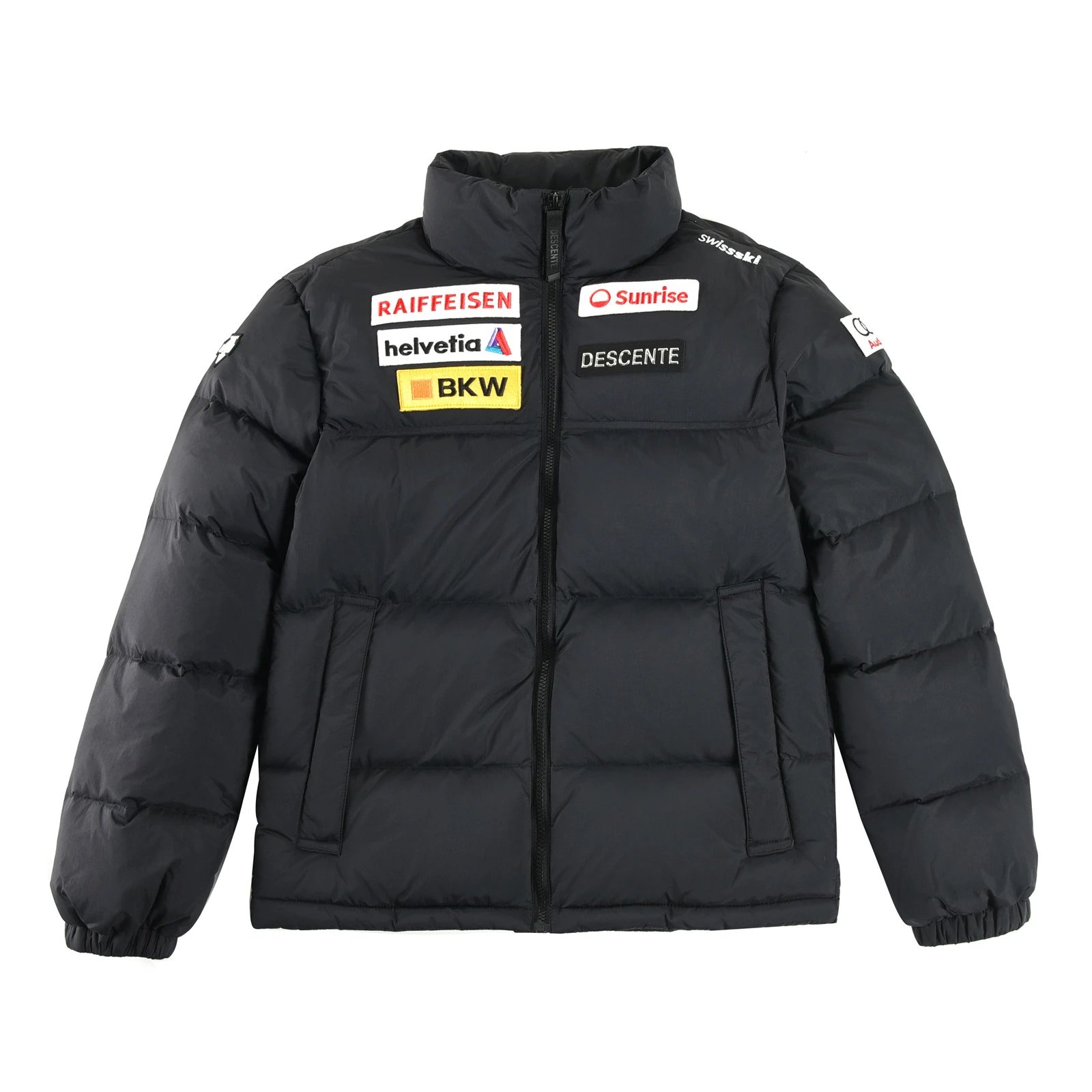 - DESCENTE Black Down Jacket - Stand Collar Zipper Style with Multi-Brand Patch Streetwear Sports Jacket