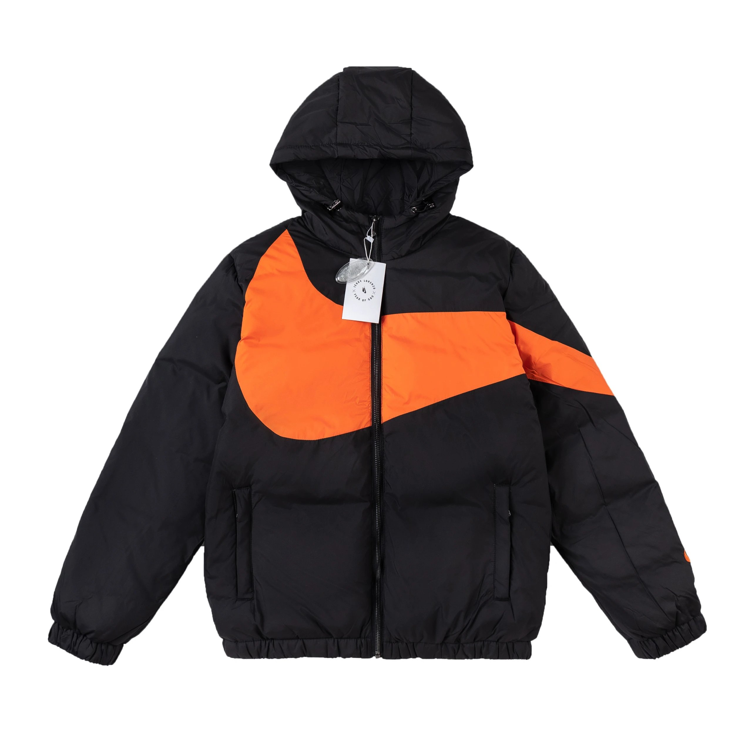 - Nike Black and Orange Color-Block Hooded Down Jacket