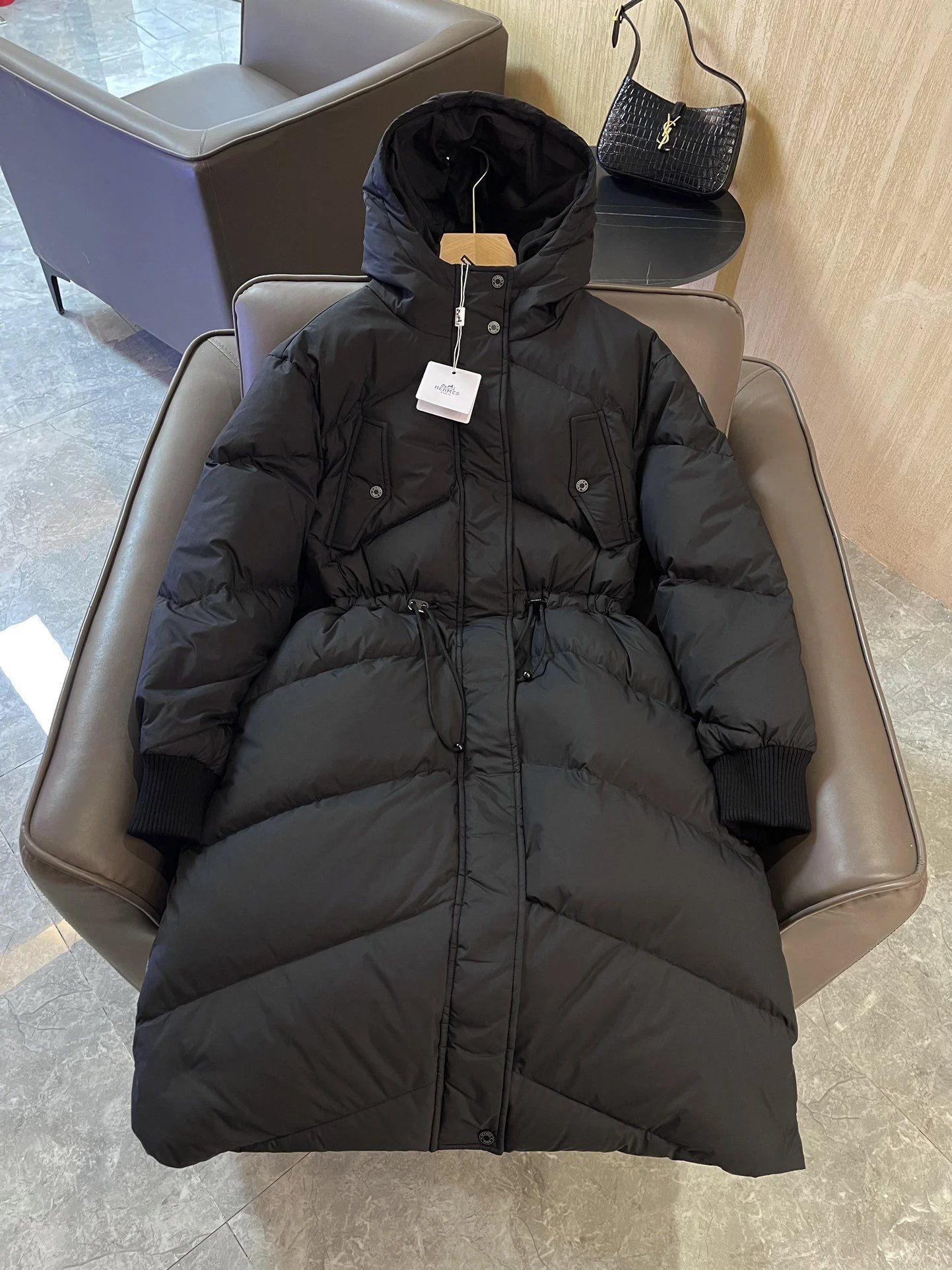 - Hermes Long Hooded Down Jacket in Black