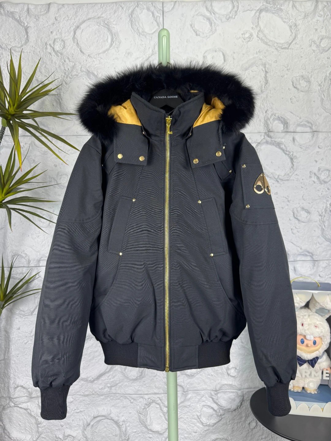 - Moose Knuckles Black Fur-Trimmed Hooded Workwear Puffer Jacket