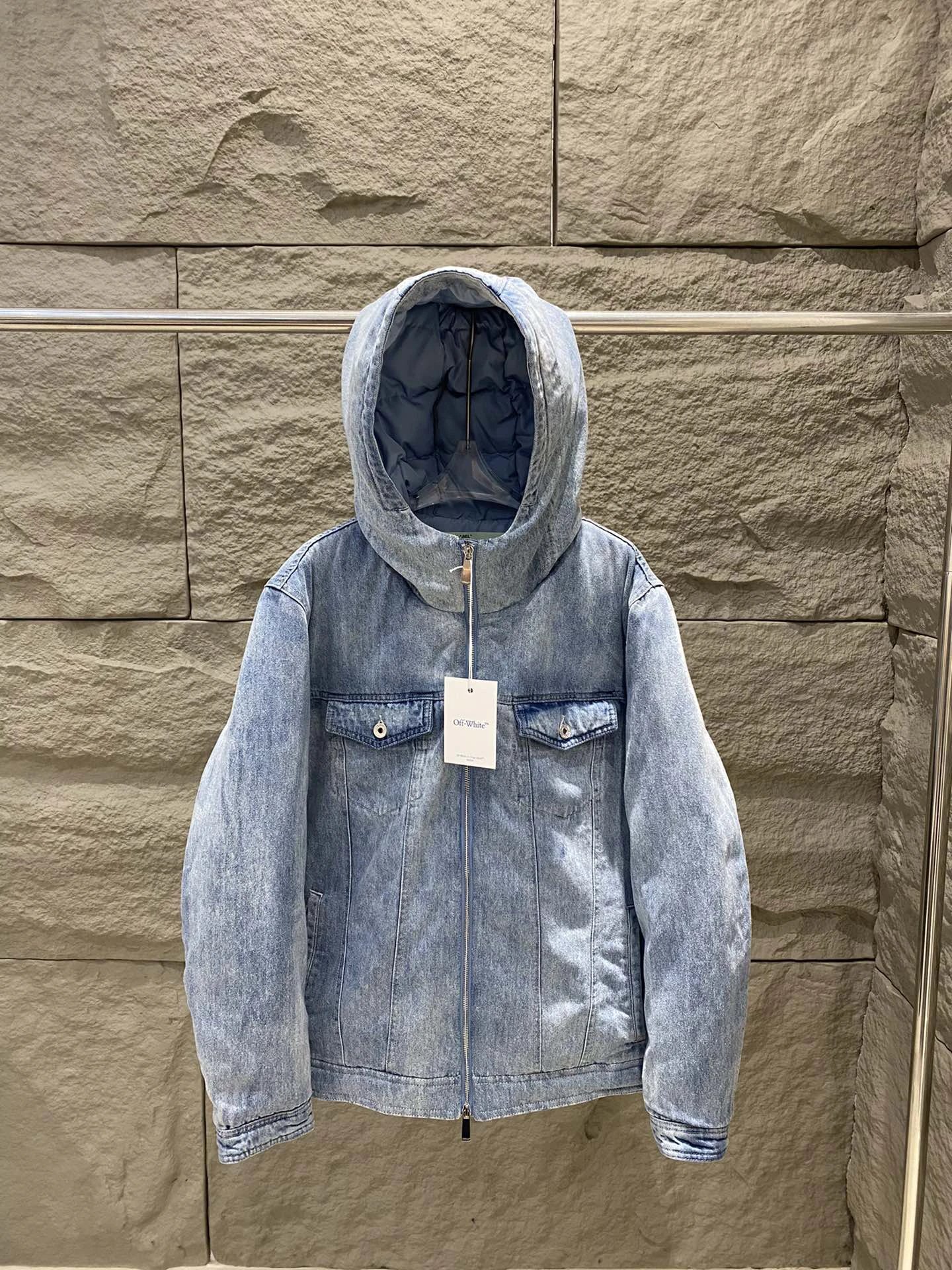 - Off-White Light Blue Denim Hooded Puffer Jacket