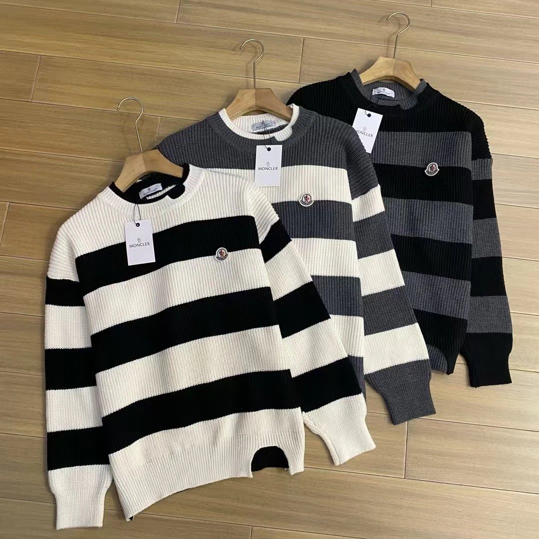- Moncler Classic Stripe Black-White-Gray-Black-Gray Knit Sweater