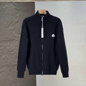 Moncler Stand Collar Zipper Knit Cardigan - Black Street Style